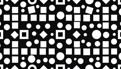 Monochrome, abstract geometric pattern, repeating squares, circles, and diamonds, on a contrasting black background