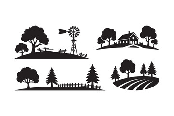 Rustic farm and countryside silhouettes set