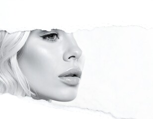 Monochrome close-up profile of a woman's face, revealing a portion through a torn paper effect. The image is high-contrast, focusing on facial features