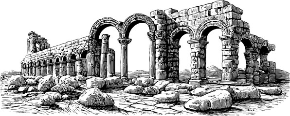 Ancient roman ruins with arches and broken pillars vintage engraving