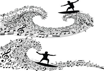 Surfers ride dynamic waves of musical notes, illustrating the harmony of sound and sport.
