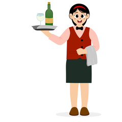 Friendly waiter holding a towel wrapped around his arm, Restaurant Waiter female Character. restaurant waiter carrying a tray of drinks, wine, taking orders, Cartoon Person Vector Illustration