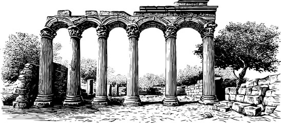 Fototapeta premium Ancient roman ruins with arches and broken pillars vintage engraving for historical design and decor