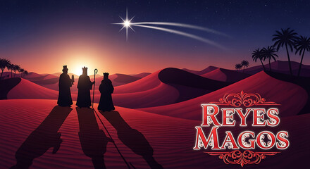 Three kings day, also known as epiphany, with the three wise men following the star in the desert at sunset illustration
