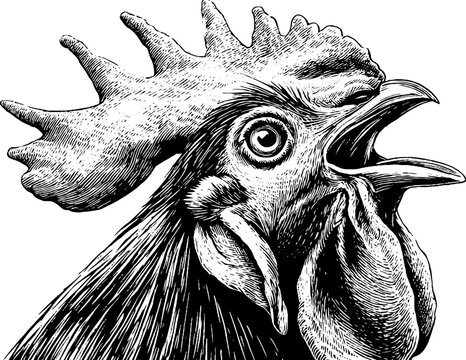 Vintage rooster crowing silhouette in classic engraving style for retro designs
