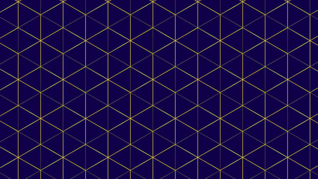 Seamless geometric gold cube pattern on dark blue. Abstract isometric honeycomb grid background design.