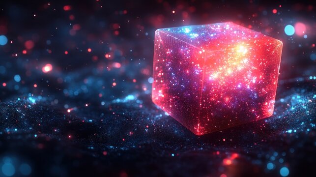 Glowing red and blue cube on dark, particle background