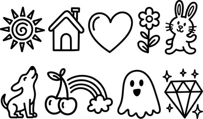 Collection of Kawaii Style Cartoon Icons in Black and White Style