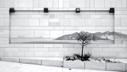 Monochrome exterior view featuring a minimalist design of a wall with a recessed landscape image and a small bare tree