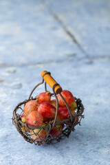 Gooseberries filling vintage wire basket on rustic surface