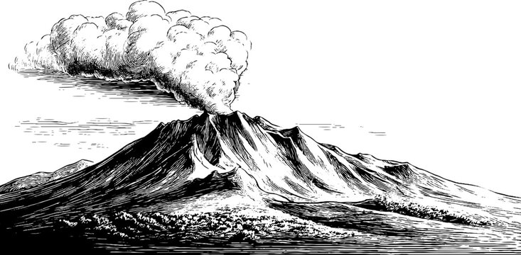 Vintage engraving of volcano with rising smoke in black and white for retro design