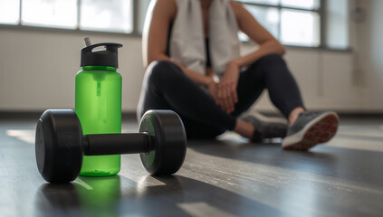 Naklejka premium Person exercising next to dumbbell and water bottle indoors