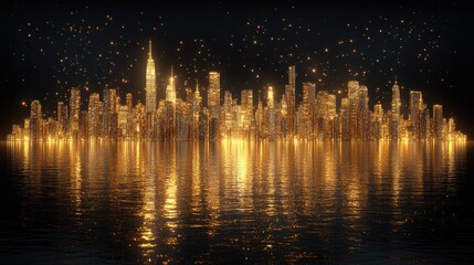 Golden city skyline reflected in water at night (1)