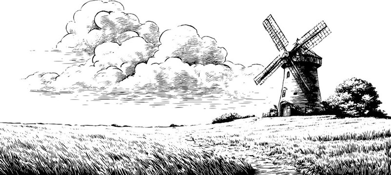 Rustic windmill in open field with dramatic clouds in vintage engraving style