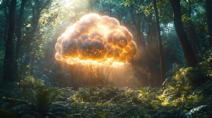 Golden cloud-like tree in sunlit forest