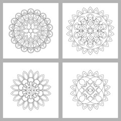 Asian floral mandalas set for adults coloring book. Vector ethnic circular ornaments. Black and white linear illustrations