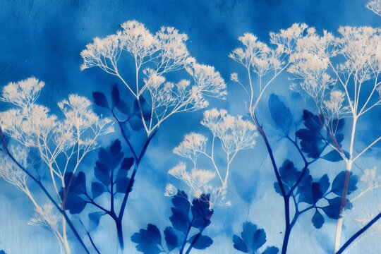 cyanotype print of delicate white flowers against a blue background