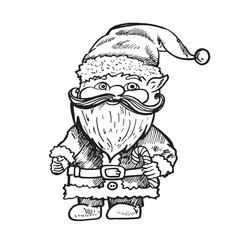 Hand drawn Christmas gnome in Santa Claus costume with candy . Vector illustration in sketch style