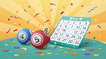 Bingo Balls and Card Celebrating a Fun Holiday with Confetti