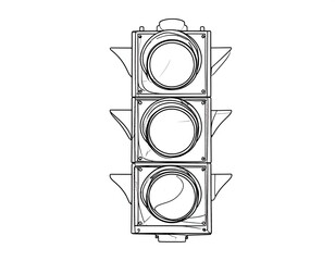Monochrome illustration depicting a vertical traffic signal. The outline details three circular lights and signal casing