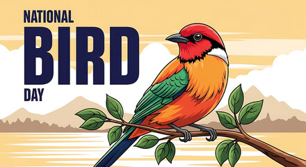 National bird day illustration with colorful bird perched on a branch, mountains and lake in the background, vector graphic design