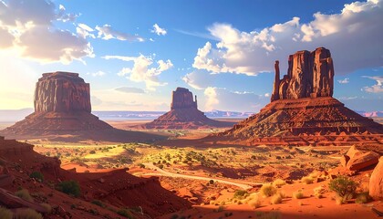 Majestic vista of towering sandstone buttes under a vibrant sky. A desert landscape with a winding road, and golden sunlight