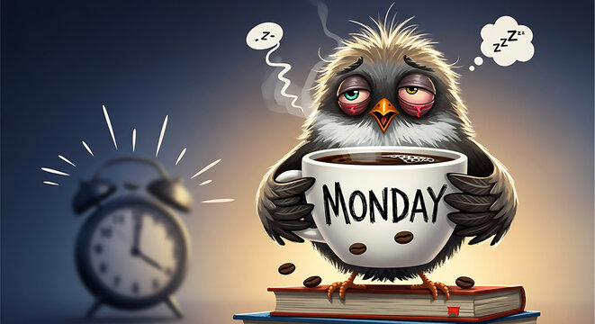 Tired cartoon bird holding coffee mug on monday morning next to alarm clock