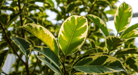 Variegated Ficus Elastica Leaves in Sunlight