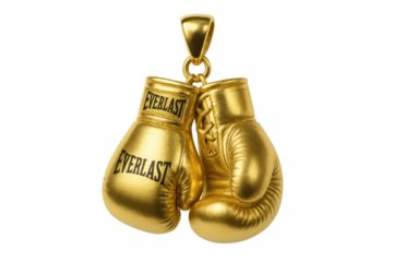 Golden boxing gloves pendant representing strength, victory, sports, and success, transparent background