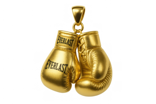 Golden boxing gloves pendant representing strength, victory, sports, and success, transparent background