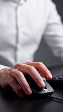 Close-up of a hand using a black computer mouse, against blurred shirt and surface
