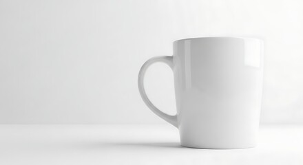 Fototapeta premium A pristine white ceramic coffee mug stands elegantly on a light, minimalist surface, bathed in soft, bright illumination, creating a clean and tranquil scene perfect for branding