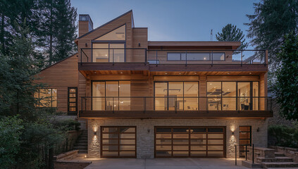 Obraz premium Modern luxury home with wood siding, stone accents, and glass windows