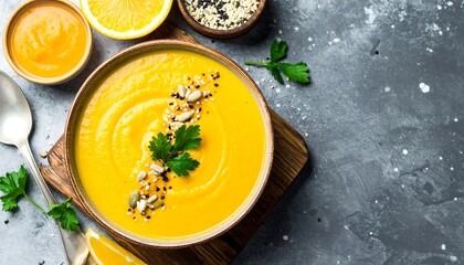 Overhead shot of a vibrant orange soup in a bowl, garnished with seeds & herbs. Accompanied by lemon, seeds, and small bowls. Texture is key