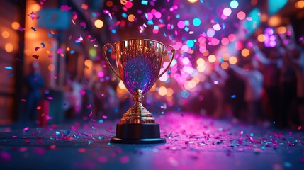 Golden trophy at a vibrant party