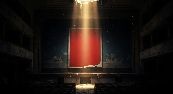Abandoned Theater with Red Square Poster and Spotlight