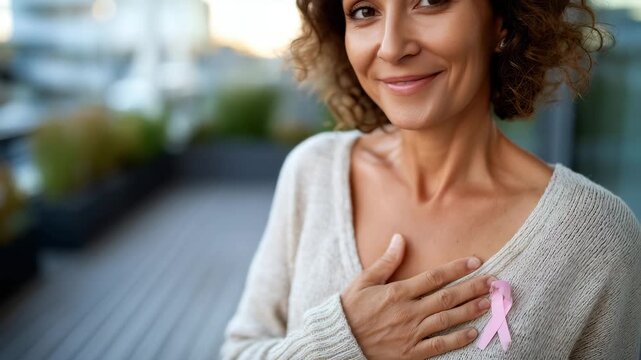 Side view of woman pressing her chest in a calm, reflective pose, pink ribbon emblem faintly visible in corner, promoting prevention and awareness