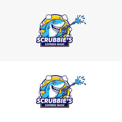 A fun and friendly cartoon shark mascot logo design for a car wash or pressure washing service, holding a water sprayer gun