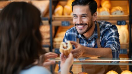 Smiling baker handing a fresh pastry to a customer in a bakery