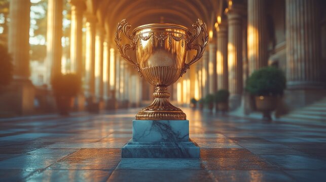 Golden trophy on marble pedestal, sunlit colonnade