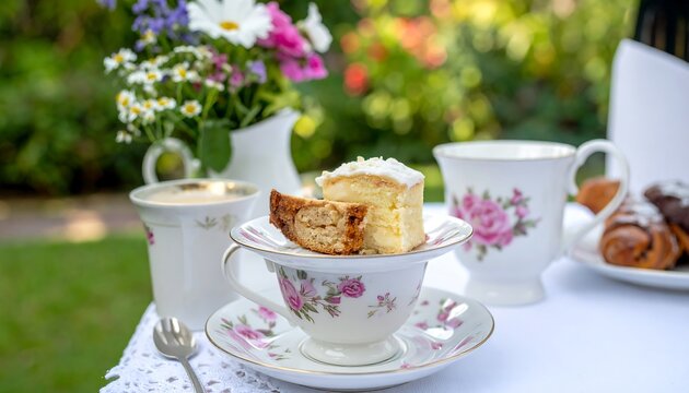 Outdoor tea setting with floral mugs, cake, pastries, coffee, and a flower bouquet. Sunlight filters through the garden behind a white tablecloth