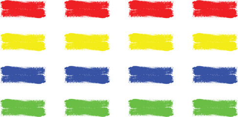 Four rows of four colorful brush stroke rectangles in red, yellow, blue, and green, isolated on white background