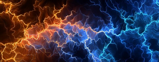Electric Dance of Fire and Ice: An abstract composition of dynamic energy, where fiery orange currents clash with icy blue bolts, creating a visual symphony of power and chaos.