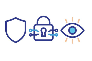 Digital security shield, padlock, and eye symbols for data protection and surveillance