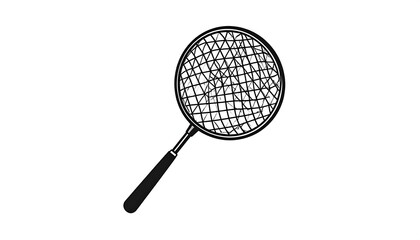 Monochrome illustration of a badminton racket. The racket head is circular, filled with a cross-hatch net. The handle extends diagonally