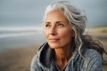 Senior woman outdoors in casual fitness clothes, enjoying a peaceful day at the beach. Concept of happiness, wellbeing and aging lifestyle. Blurred coastal background.