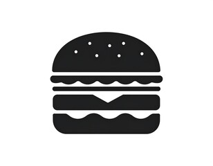 Monochrome illustration of a classic hamburger. Two buns encase a patty, cheese, and condiments. Simplified, graphic style