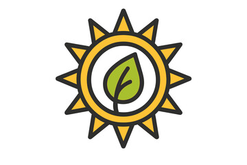 Stylized sun symbol with a green leaf representing solar energy and environmental sustainability