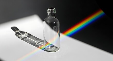 A clear glass bottle elegantly refracts a focused beam of light, dispersing it into a vibrant rainbow spectrum on a pristine surface, showcasing the captivating physics of light