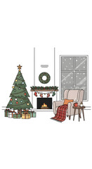 Fototapeta premium Cozy Christmas Interior with Tree Fireplace and Armchair.
